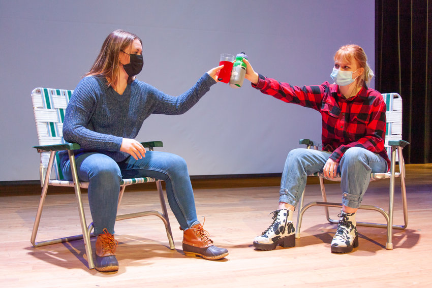 Natalie Mack and Stella Glowacki on stage during dress rehearsal for the Nantucket High School Drama Club&rsquo;s production of &ldquo;Almost, Maine,&rdquo; opening Friday and running through Sunday.