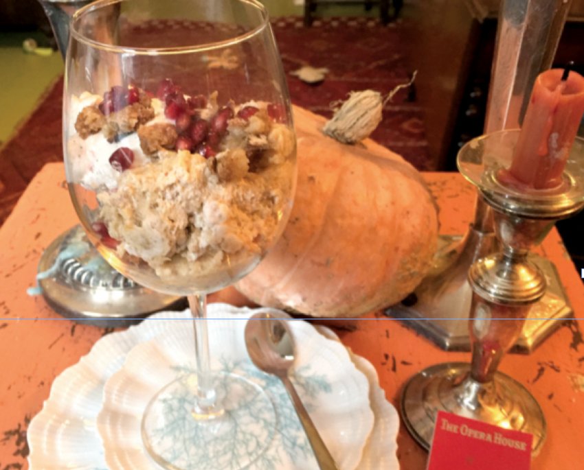 Pumpkin-pie mousse with pie crust and pecan streusel reconstructs pumpkin pie into a new and attractive dessert.