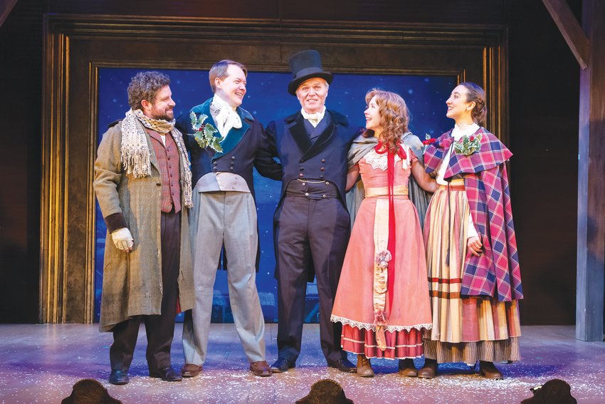 From left, Patrick Halley, Chris French, Wynn Harmon, Caitlin Clouthier and Gabi Van Horn on stage in White Heron Theatre&rsquo;s &ldquo;A Nantucket Christmas Carol.&rdquo;