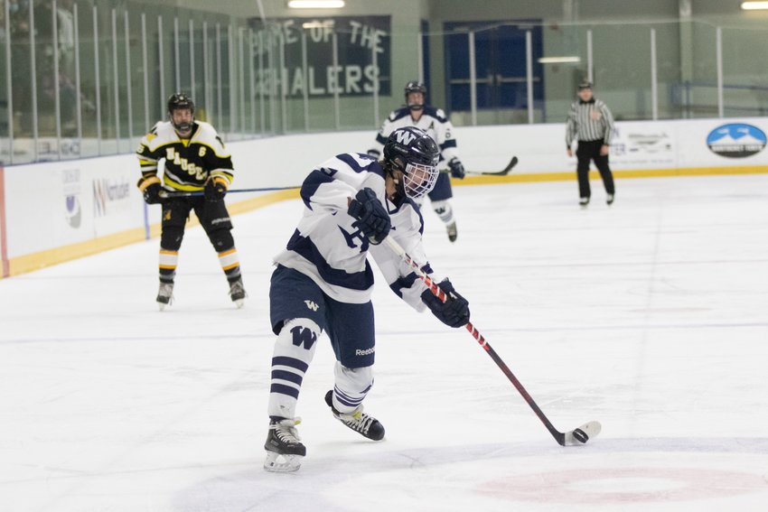 Camden Knapp winds up for a shot against Nauset in the Whalers' 3-2 loss Wednesday at Nantucket Ice.