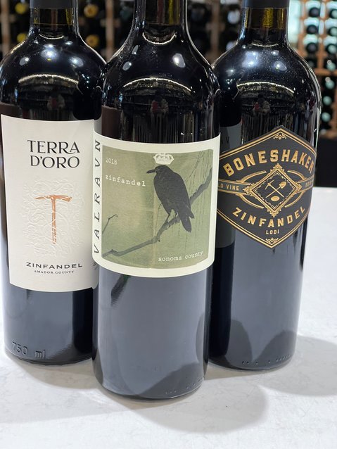 A trio of California Zinfandels: Terra D&rsquo;Oro from the Sierra Foothills, Valravn from Dry Creek Valley in Sonoma County and Boneshaker from Lodi.