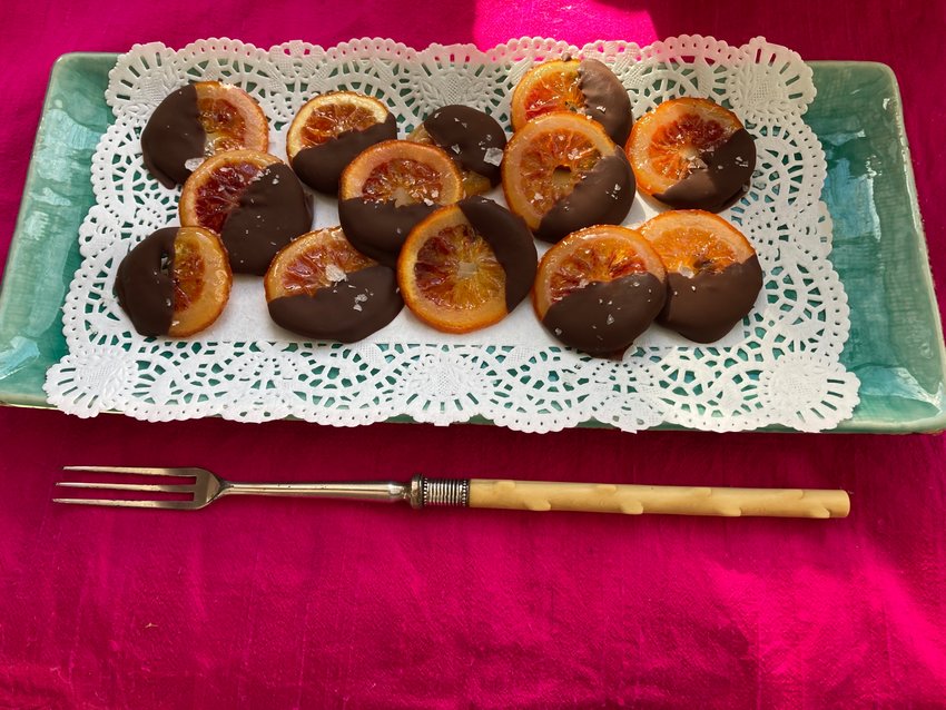 Whole blood-orange slices half-dipped in chocolate are the perfect gift for your Valentine&rsquo;s sweetheart.
