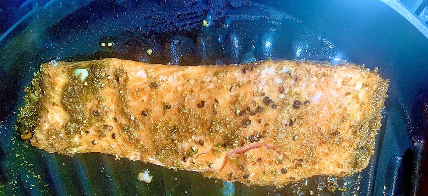 This baked salmon is topped with a pistachio crust.