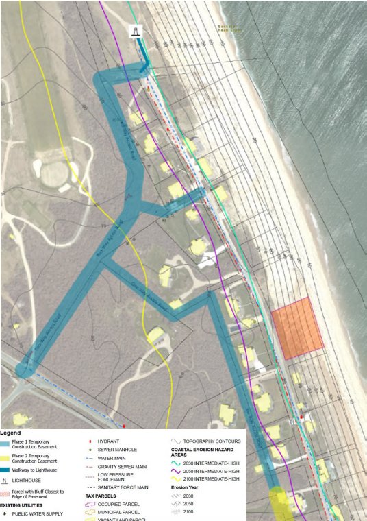 A final report from the coastal-engineering group Arcadis released in October recommends the Sconset Beach Preservation Fund&rsquo;s geotubes remain in place for now, but calls for the road to eventually be relocated away from Sconset Bluff (the blue lines).