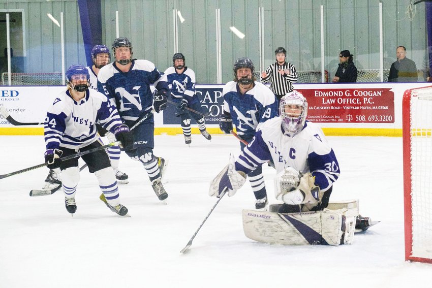 Chaos in front of the Whalers&rsquo; net during Nantucket&rsquo;s 2-1 overtime playoff win over Martha&rsquo;s Vineyard Tuesday night. Griffin Starr was stellar in goal all game for Nantucket.