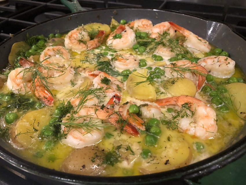 Despite the inclusion of minced jalapeno pepper, this Spring Shrimp Skillet is more soothingly creamy than spicy.