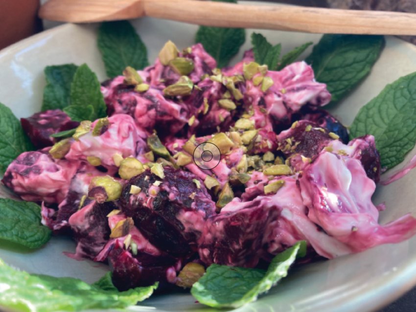 Beet salad with labne or sour cream and pistachios.