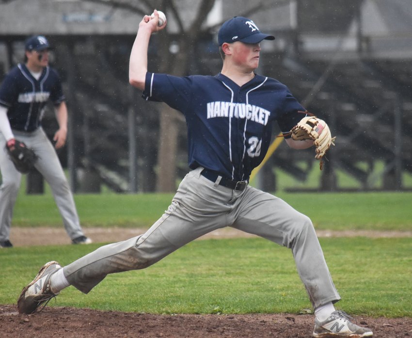 Riley Williams delivers a pitch during Friday&rsquo;s 10-8 loss to Monomoy. Williams started on the mound for the first time since opening day.