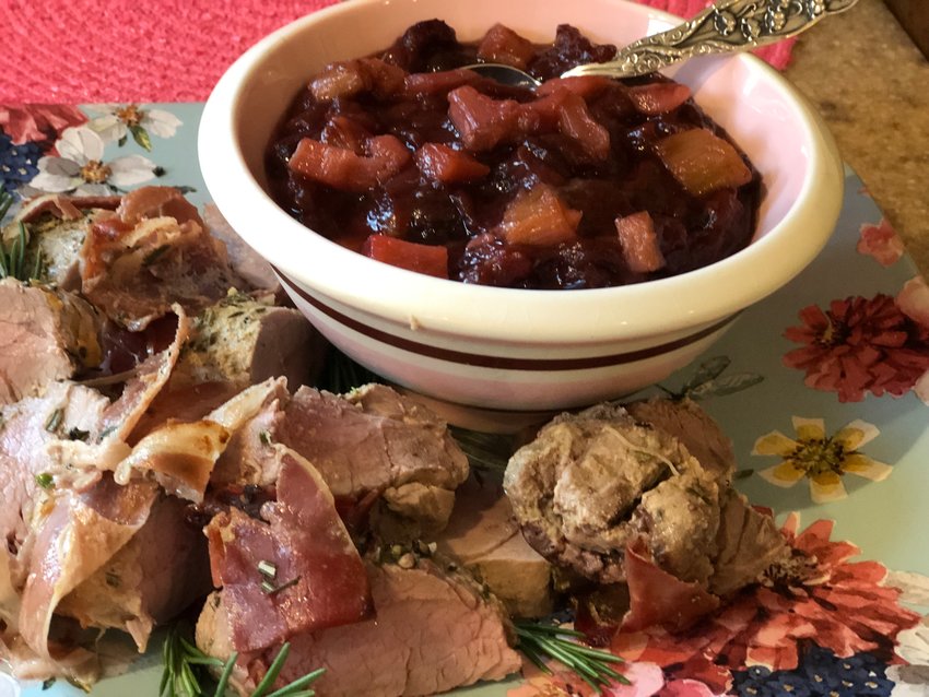 This Rhubarb Chutney incorporates dried cranberries and pairs nicely with oven roasted pork tenderloins.