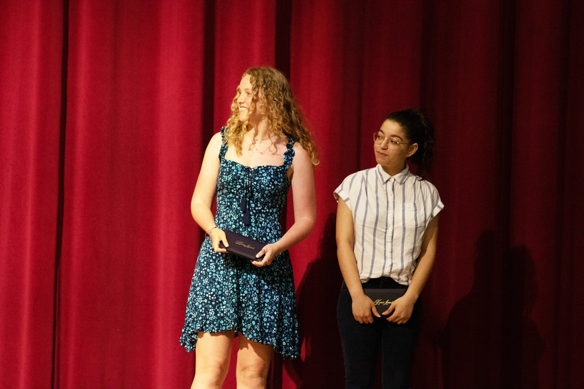 Valedictorian Maclaine Willett, left, and salutatorian Angelica Oviedo-Fermin at Monday's Nantucket High School Senior Awards ceremony.