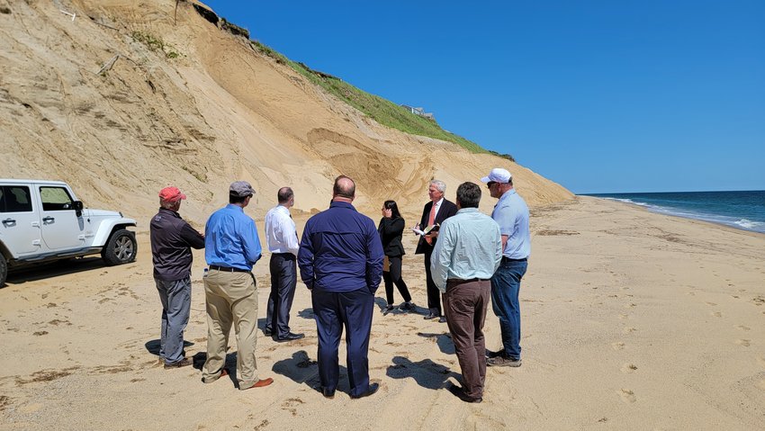 Superior Court Judge Mark Gildea and legal representatives from the SBPF and ConCom during a site visit of the Sconset Bluff this summer.