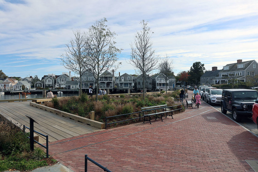 The sidewalk in front of the Nantucket Land Bank's Easy Street park along the downtown waterfront.