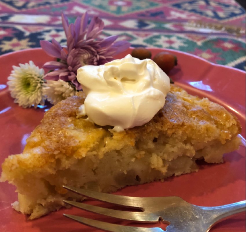 While traditional French apple cakes are typically made with rum, I&amp;M food writer Sarah Leah Chase prefers to use Calvados &ndash; Normandy&rsquo;s apple brandy &ndash; or Cognac instead. The flavor of the alcohol does not end up dominant in the end result.