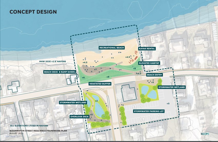 Conceptual plans for possible changes to the Washington Street waterfront to address sea-level rise include coastal dunes as a first line of defense, an elevated multi-use path and stormwater wetlands to contain flooding.
