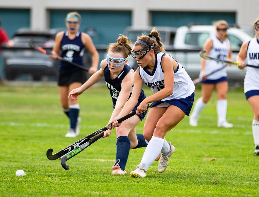 Caroline Collette battles for a loose ball at home against Strugis. Nantucket tied the game on a goal from Audrey Manning.