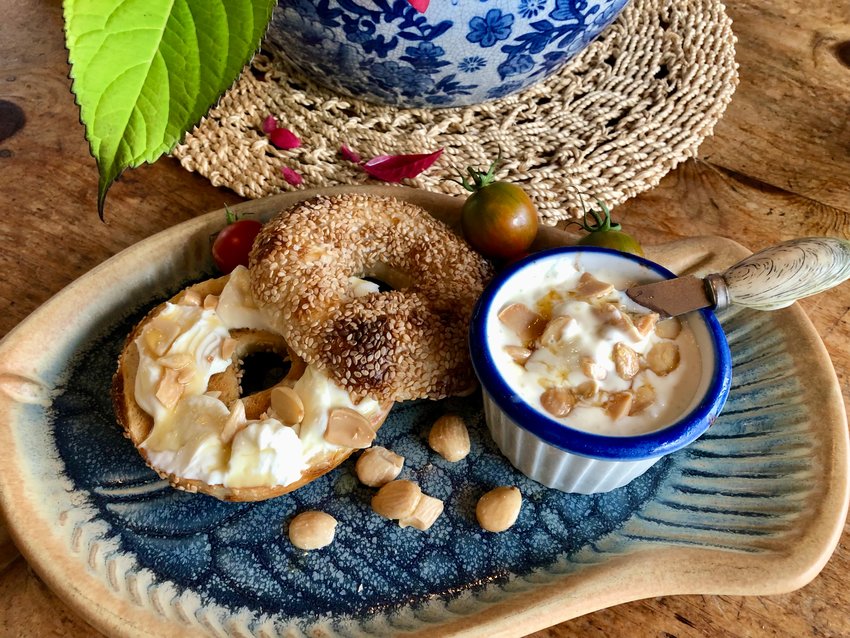 Bagels from Forage Market in Portland, Maine with freshmade Hot Honey and Marcona Almond Cheese spread.
