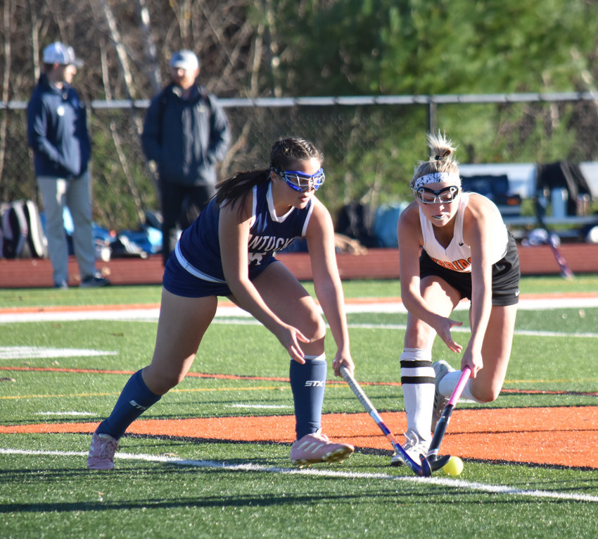 Suz Peraner stick-checks a Franklin Tech player in the Whalers&rsquo; first-round game.