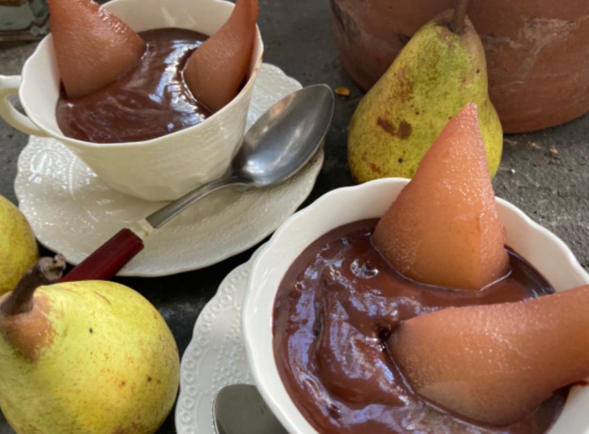 This oat-milk chocolate pudding is enhanced by the addition of red-wine poached Bosc or Comice pears.