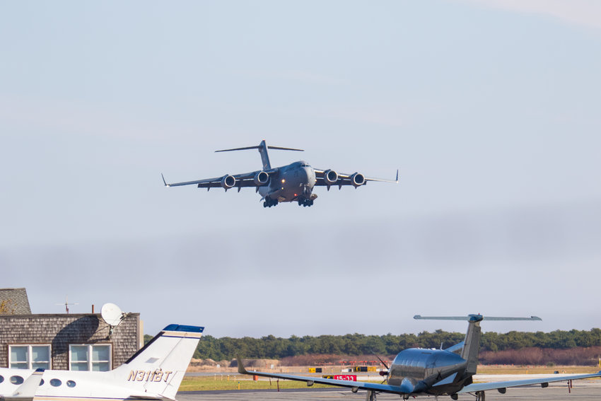 A U.S. Air National Guard C-17 Globemaster cargo plane approaches the runway at Nantucket Memorial Airport Saturday.