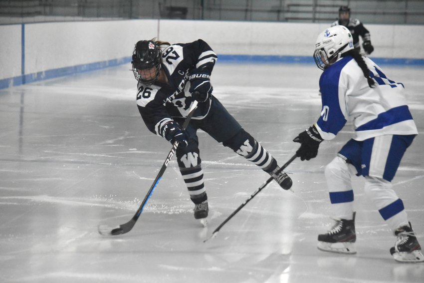 Claire Misurelli takes a shot during Friday&rsquo;s 7-1 road loss to Scituate. The junior scored a goal a day earlier against Brookline.
