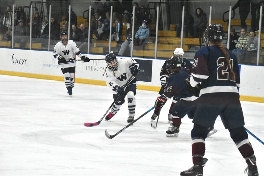 Emerson Pekarcik rips a shot during Saturday's game against East/West Bridgewater. The Whalers beat the Wild Vikings 3-2 in Sunday's rematch for their first win of the season.