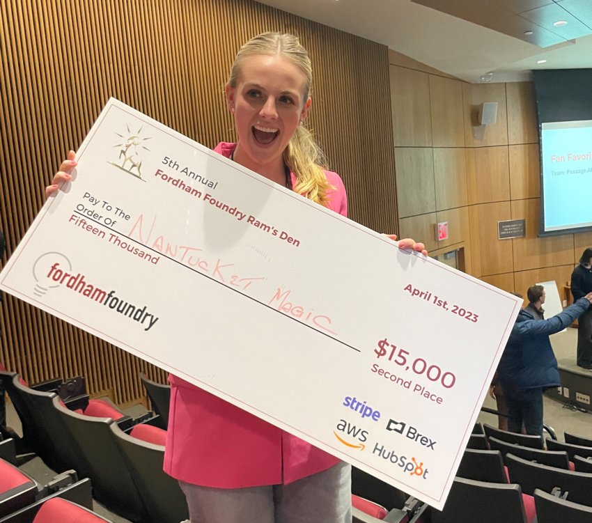 Mary Goode with the $15,000 prize she won for pitching her new concierge service Nantucket Magic at a business competition in New York.