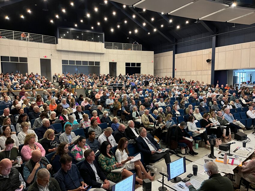 A packed house fills the Nantucket High School auditorium Saturday for the start of the 2023 Annual Town Meeting.