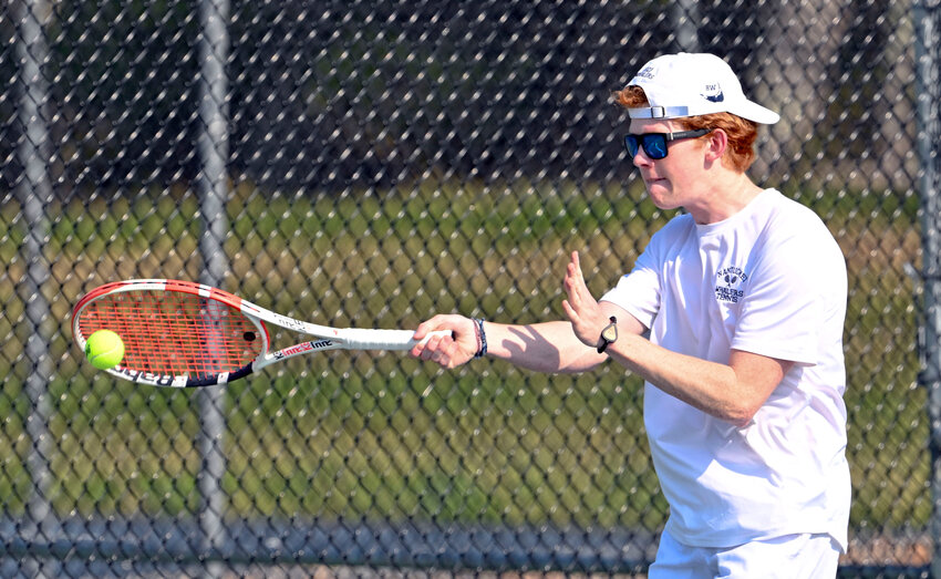 Aidan Sullivan returns a shot during the Whalers&rsquo; win last Wednesday against Monomoy. The senior won in second doubles with Hunter Gross.