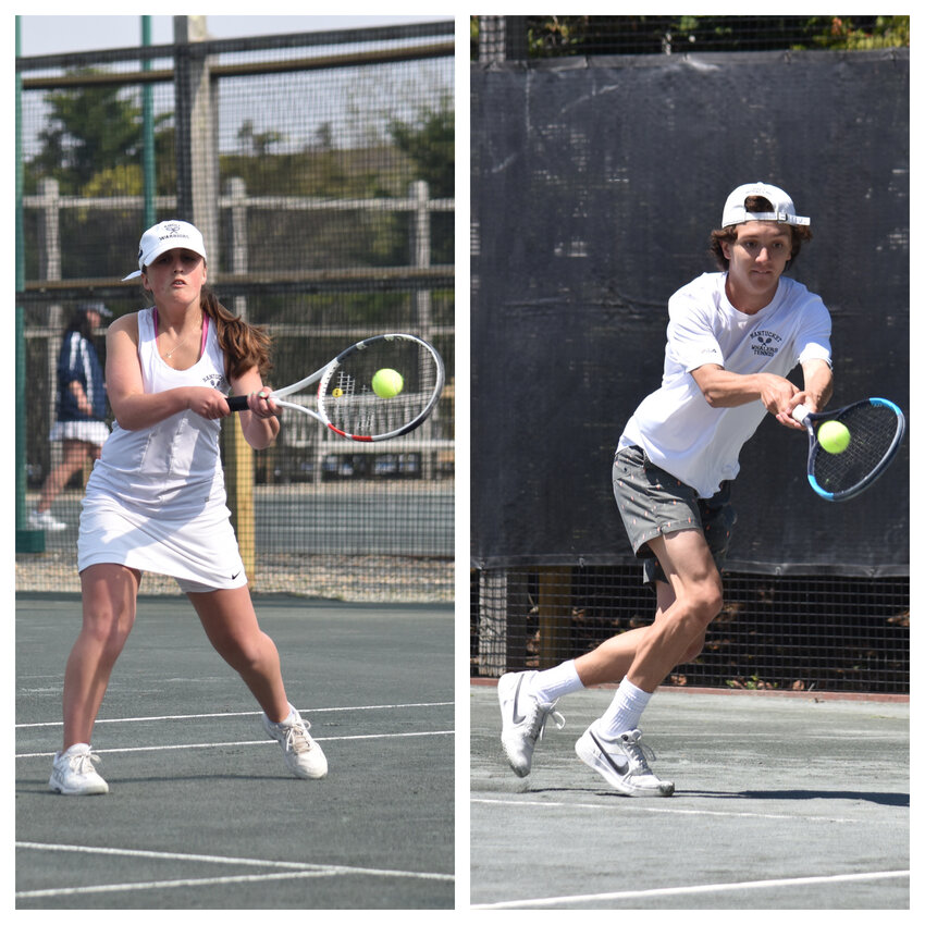 Lydia Johnson and Hunter Gross on the tennis court earlier this season. Both Nantucket tennis teams will begin Div. 4 state tournament play this week.