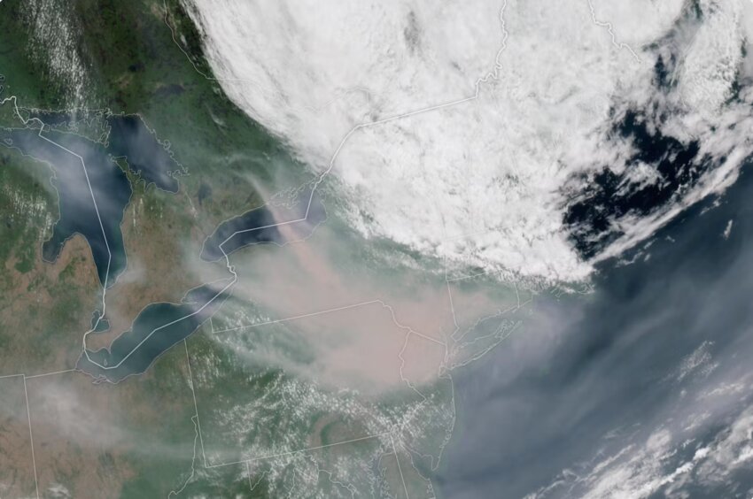 Smoke from the Canadian wildfires drifting into New England, as seen from a NASA satellite on the morning of June 7.