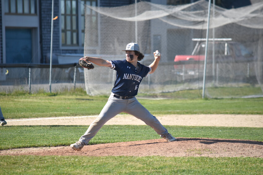 Keegan Bedell delivers a pitch during the JV baseball team&rsquo;s May 25 game against Fairhaven. The eighth grader was one of the team&rsquo;s top pitchers this season.
