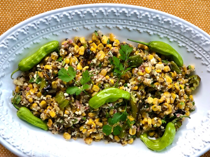 This Spicy Corn and Shishito Salad is a riff on elote, Mexican street corn.