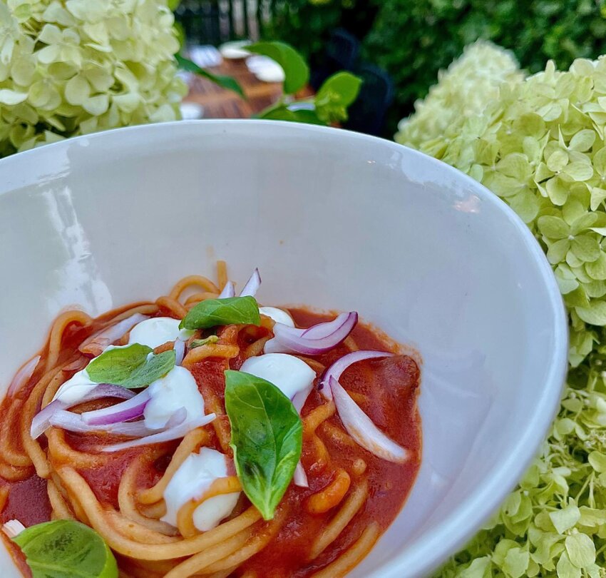 Chef Dre Solimeo occasionally cooks off the beaten path, like this refreshing strawberry and tomato spaghetti he whipped up last year.