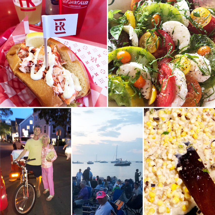 A collage of summer tastes and memories, including a lobster roll from High Roller Lobster Company in Portland, Maine, top left, a Tomato Caprese Salad, top right, and Cacio e Pepe Creamed Corn, bottom right.