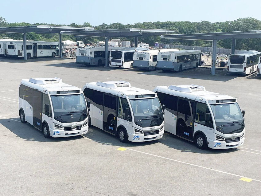 Two electric buses like these on Martha&rsquo;s Vineyard will soon be coming to the Nantucket Regional Transit Authority.