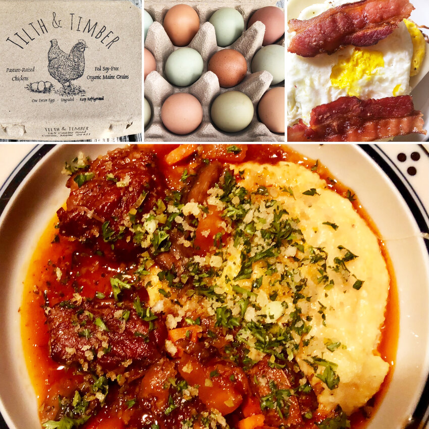 A recent trip to Maine revealed the deliciousness of Tilth &amp; Timber&rsquo;s organic pullet eggs, top, and Beef Short Rib Bourguignon with Garlicky Panko Gremolata, bottom.