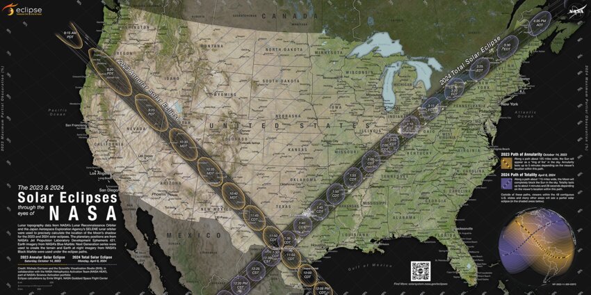 This graphic shows the paths of two eclipses set to pass over the continental United States over the next year. The annular eclipse &ndash; indicated by the path starting in the Pacific Northwest and ending in the Gulf of Mexico &ndash; will occur Saturday, and will not be noticeable to most people on Nantucket without a solar telescope. The total solar eclipse&rsquo;s path will come much closer to Nantucket in April 2024.