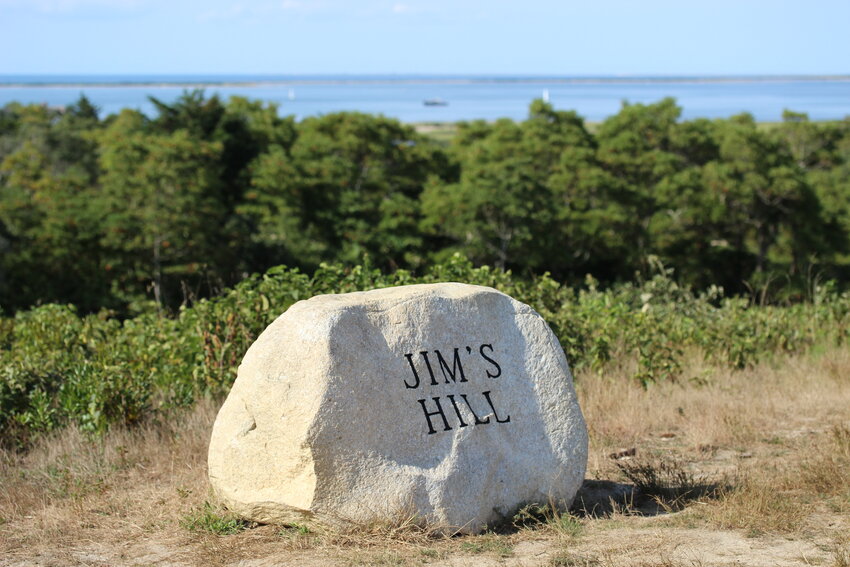 This rock marks Jim&rsquo;s Hill in the western moors, named in memory of the late Jim Lentowski, longtime executive director of the Nantucket Conservation Foundation.