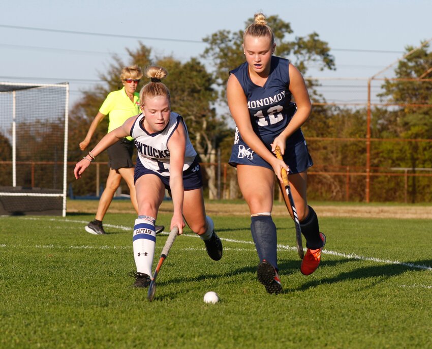Caroline Allen defends against a Monomoy player during the Whalers&rsquo; Oct. 4 game.