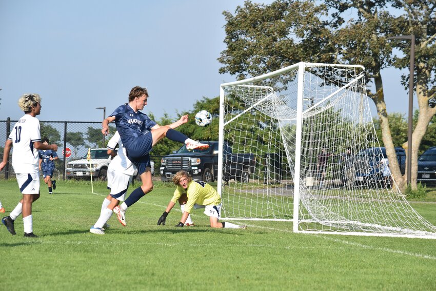 Jake Johnson scores a goal during the Whalers&rsquo; Sept. 8 game against Rising Tide.