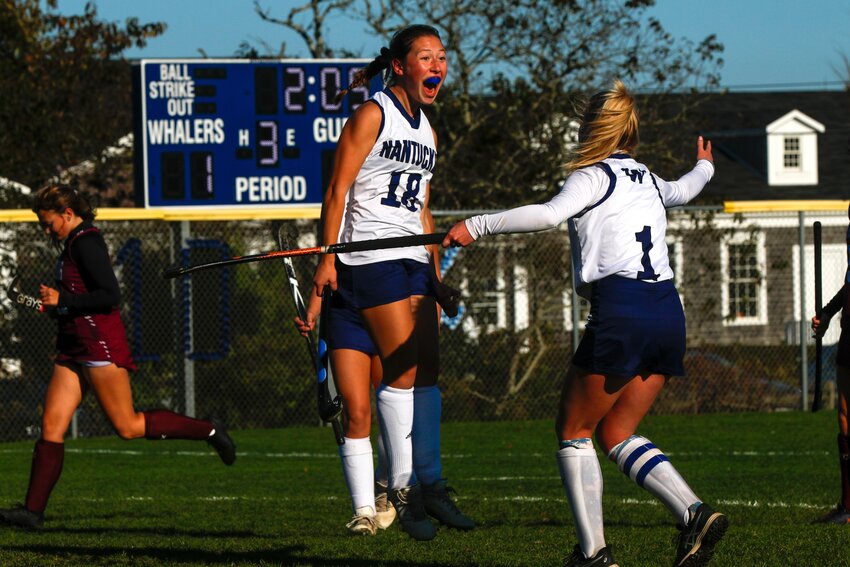 Carley Ray, left, and Caroline Allen celebrate after a goal in the Whalers&rsquo; 2-0 win last Thursday over Quaboag in the Div. 4 state tournament round of 32.