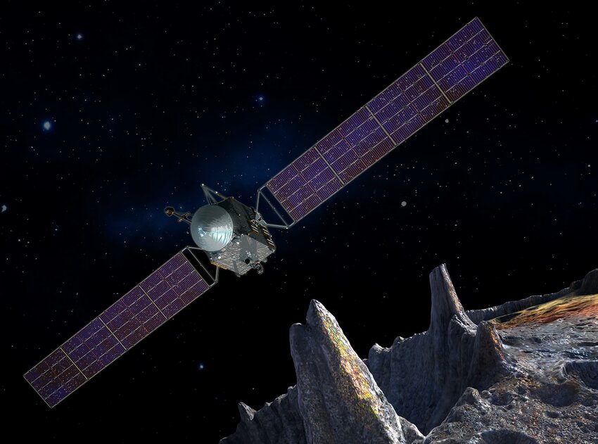 Artist's concept of the Psyche spacecraft, which will conduct a direct exploration of an asteroid thought to be a stripped planetary core.