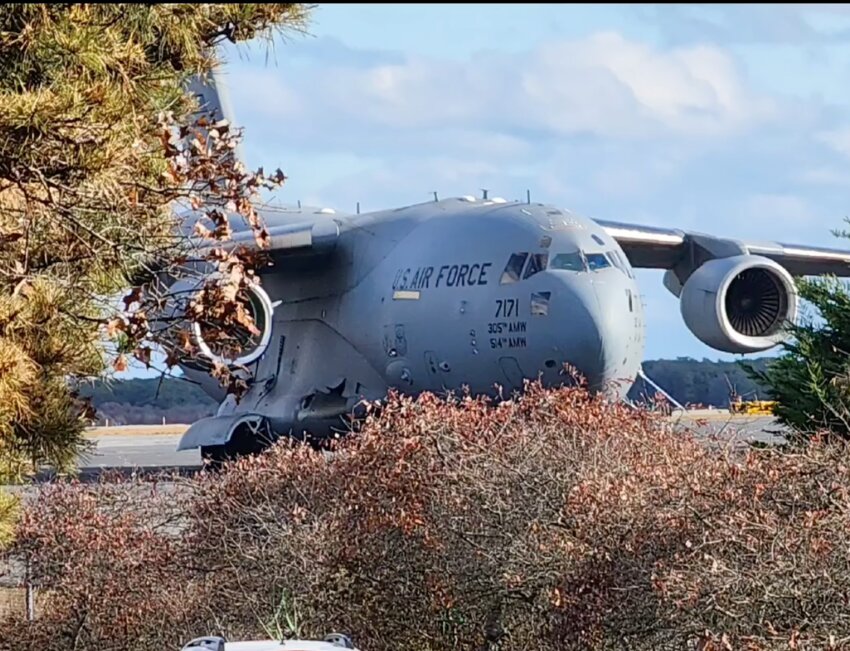 A C-17 cargo plane on the tarmac at Nantucket Memorial Airport this week after dropping off vehicles, supplies and support staff in advance of President Joe Bidin't arrival.