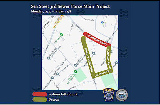 Surfside Road will be closed between Miacomet Road and Miacomet Avenue for sewer work weekdays through Dec. 8.