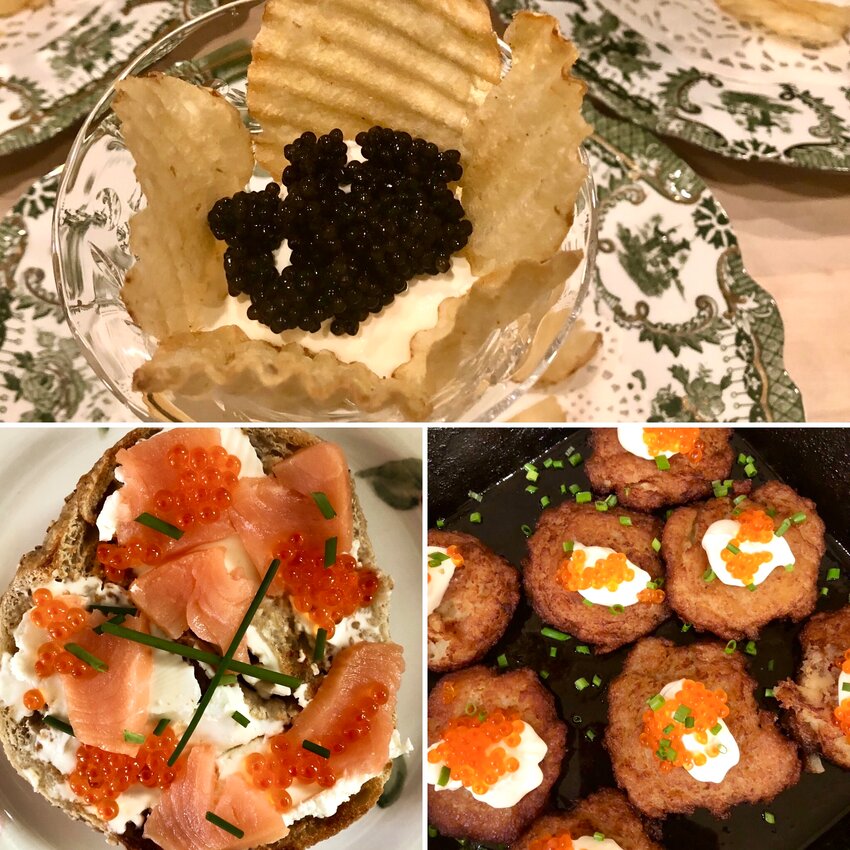 Clockwise from top: Caviar coupes with wavy potato chips; Smoked trout roe and cr&egrave;me fra&icirc;che atop latkes; Smoked trout roe on a bagel with cream cheese and smoked salmon.