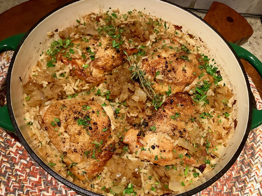 Chicken rice with buttered onions is a one-pot wonder and a delicious antidote to the rich and fancy meals cooked over the holidays.