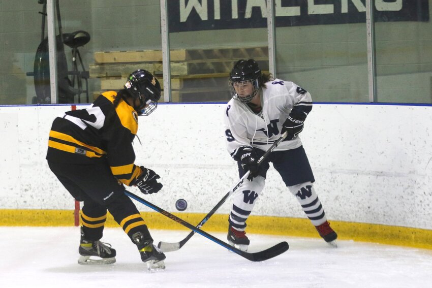 Sophia Yelverton (9) and a Boston Latin Academy Player reach for a loose puck during the Whalers' 7-1 loss Saturday.