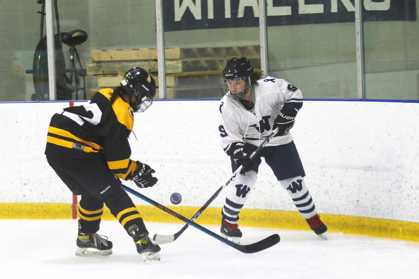 Sophia Yelverton (9) and a Boston Latin Academy player reach for the puck.