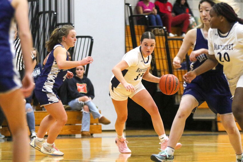 Maddie Lombardi (33) scored a team-high 14 points in the Whalers' 35-30 win over Cape Cod Academy at home Thursday.