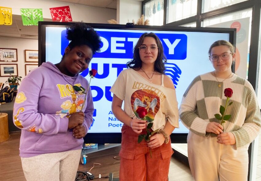 From left, Nantucket High School Poetry Out Loud competition runner-up Danielle Lewis, winner Anna Popnikolova and honorable mention Cecilia Gagnon.